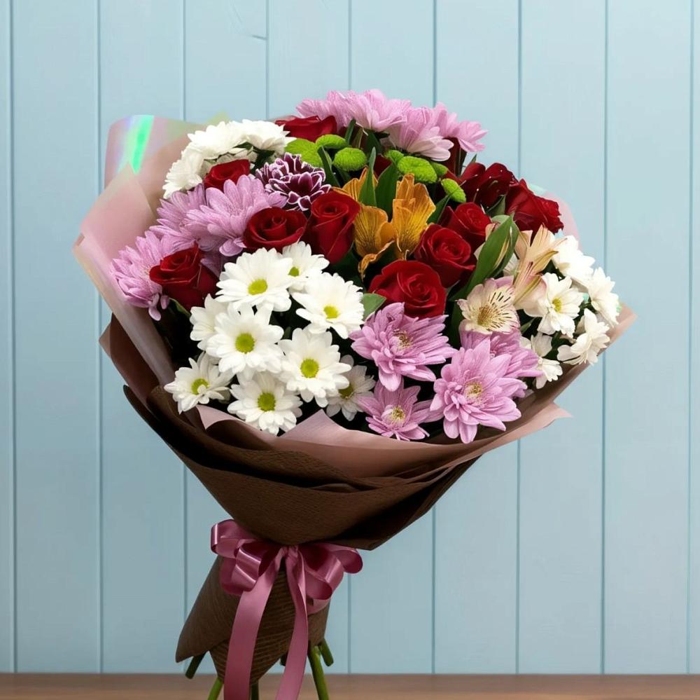 Букет цветов из: Розы, Хризантемы и Альстромерии в Каменке Ивановской области